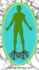 Image of a human figure standing within a glowing blue egg and brown roots growing into the ground. 