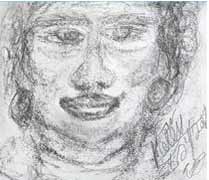 Mediumship art spirit portrait drawing of a charcoal drawing of a woman with curly hair and earing.