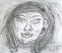 Spirit portrait drawing in charcoal by Soul To Soul Medium Eileen Gonzalez. It is drawing of a woman with straight cut boobed hair and hoop earings