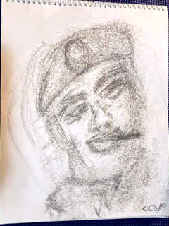 A spirit channeled “Spirit Portrait Drawing” by Eileen, a charcoal picture of a man wearing a beret with a cigarette in his mouth.