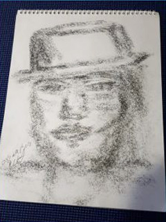 Spirit Art charcoal drawing by Eleen of a man wearing a fedora hat