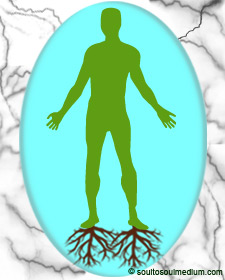 A green colored silhouette of a man in a aqua colored bubble. Beneath each his feet are brown roots growing into the earth. Outside his bubble is grey energy that looks like lightening.