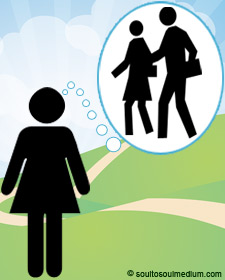 Graphic of a woman showing in a thinking of two people in a white bubble.
