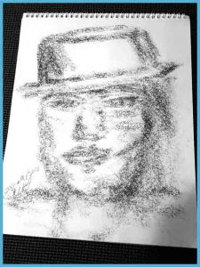 Sample of a Spirit Portrait Drawing by Medium Eileen Casey Gonzalez. Drawing is of a man with a type short top hat, clean shaven. It is an image drawn on etch paper with graphite.