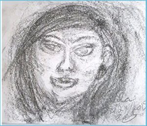 image of Sheila Kelly's Spirit Drawing by Eileen Gonzalez. A black graphite drawing of a woman with longer hair and big eyes wearing earings.